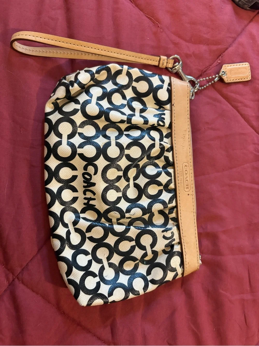 COACH Black and Cream Signature Canvas Wristlet with Tan Trim